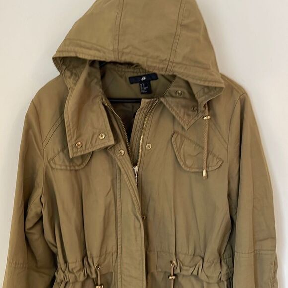 H&M Womens Parka Jacket Hooded Full‎ Zip Tie Waist Adjustable Army Green Size XS - Picture 3 of 10